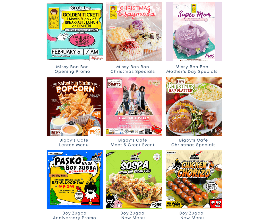 Social media campaign designs created by Ohzi Digital for Missy Bon Bon, Bigby's Cafe, and Boy Zugba